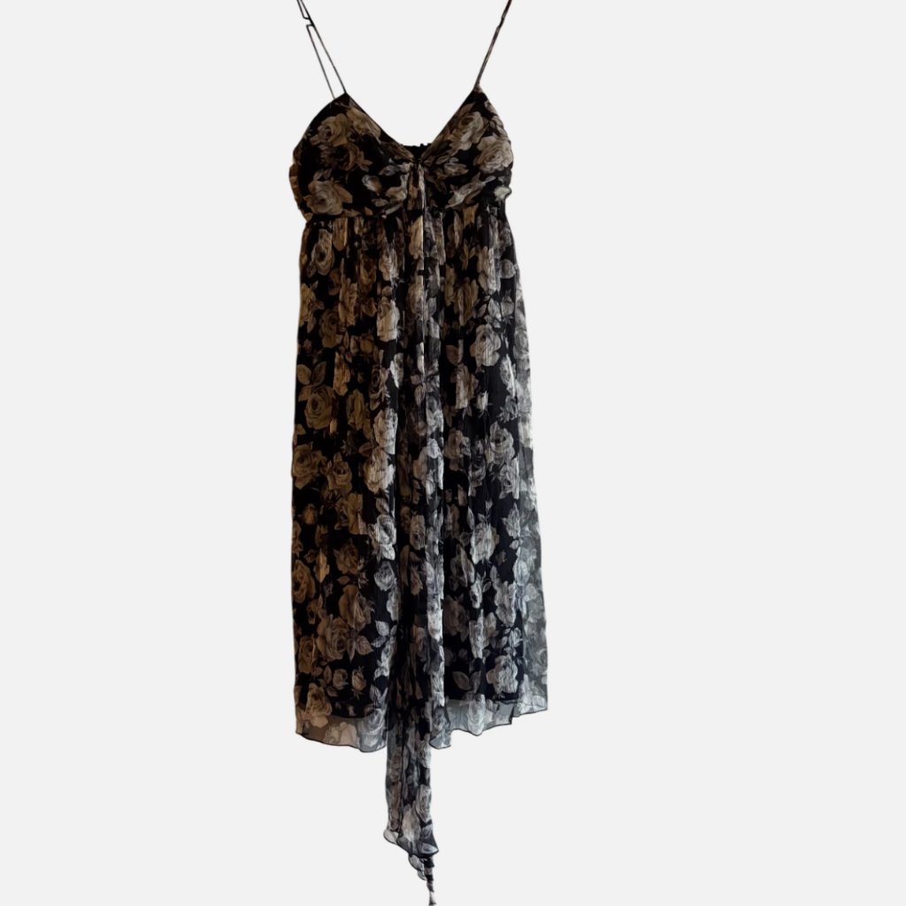 Black Halo Brand 100% Silk Floral Spaghetti Strap Dress Size S: Black And Grey